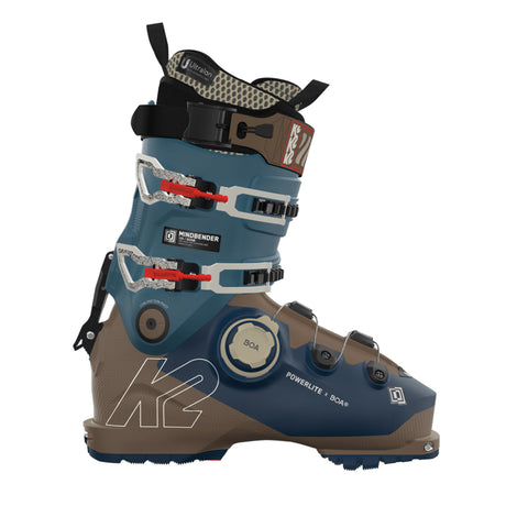 Mindbender120- A single K2 Mindbender 120 BOA Men's ski boot in blue, brown, and black color scheme with adjustable BOA fit system straps and the K2 logo visible.