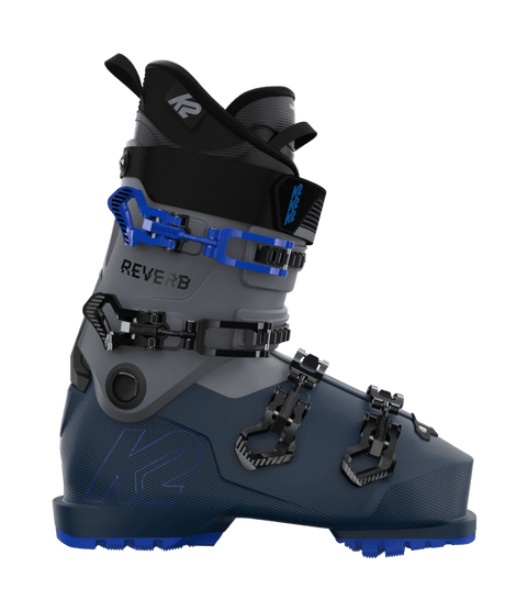Reverb-Gray and blue ski boot with visible branding on a transparent background