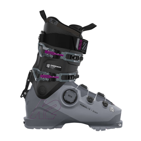 WMindbender85BOA-A single women's ski boot with BOA lacing system, predominantly gray with black and purple accents.