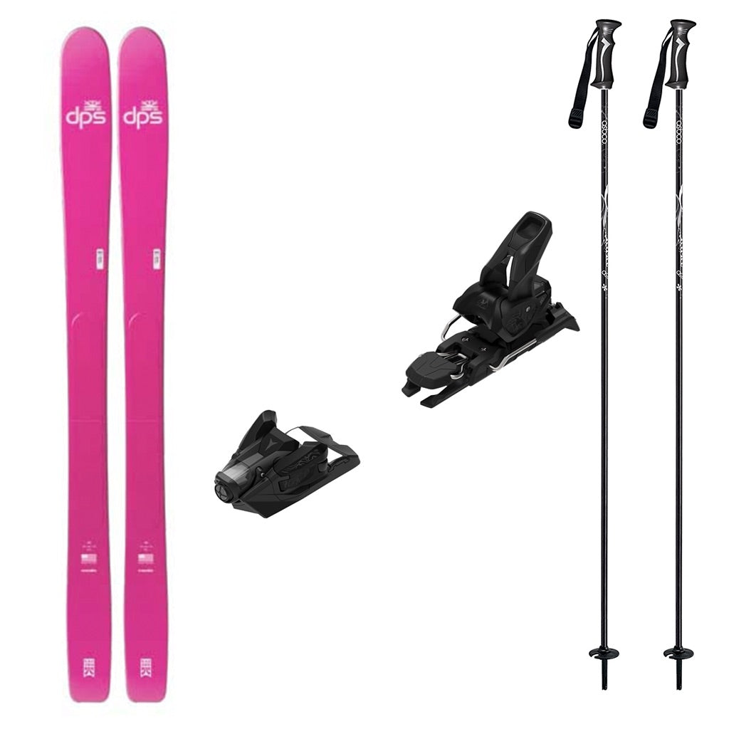 Kaizen100w_Strive12-A ski equipment set on a plain white background, including a pair of bright pink skis with white DPS logos, two black ski bindings, and two black ski poles with white graphics.