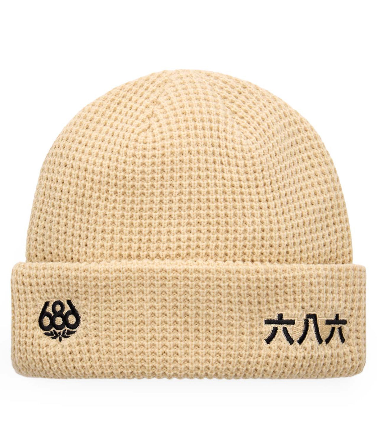 KanjiBeanie-Beige knit beanie with black text on a white background