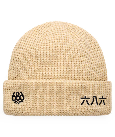 KanjiBeanie-Beige knit beanie with black text on a white background