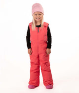 KidsHaileyBib- Child wearing pink snow bibs on a white background