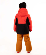 KidsReactorJacket-Child wearing a red and black jacket with orange pants on a white background