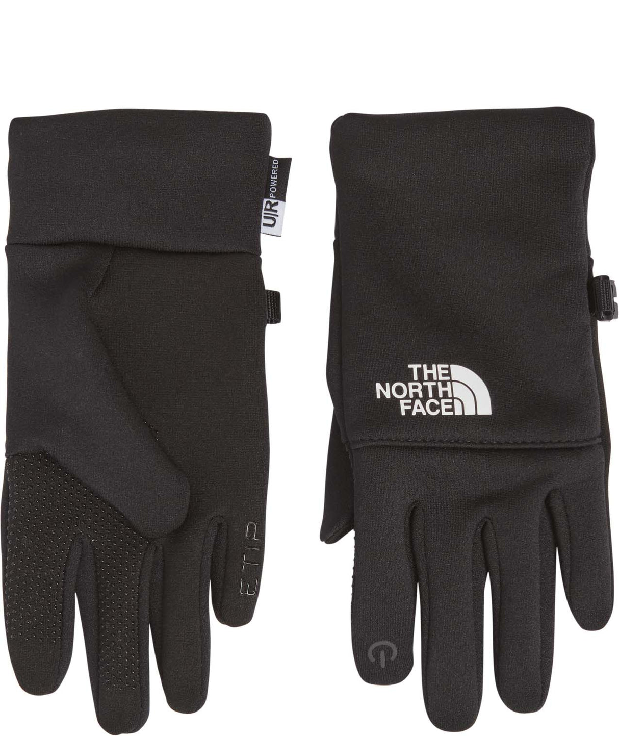 KidsRecycledE-tipGlove-Black gloves with The North Face logo on a white background
