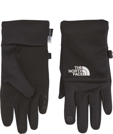 KidsRecycledE-tipGlove-Black gloves with The North Face logo on a white background