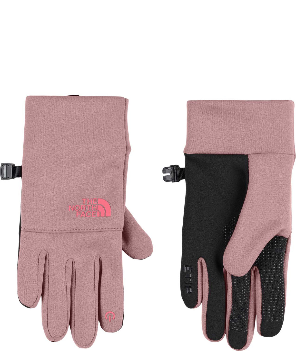 KidsRecycledE-tipGlove-Pair of pink gloves with black accents featuring The North Face logo on a white background.