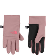 KidsRecycledE-tipGlove-Pair of pink gloves with black accents featuring The North Face logo on a white background.