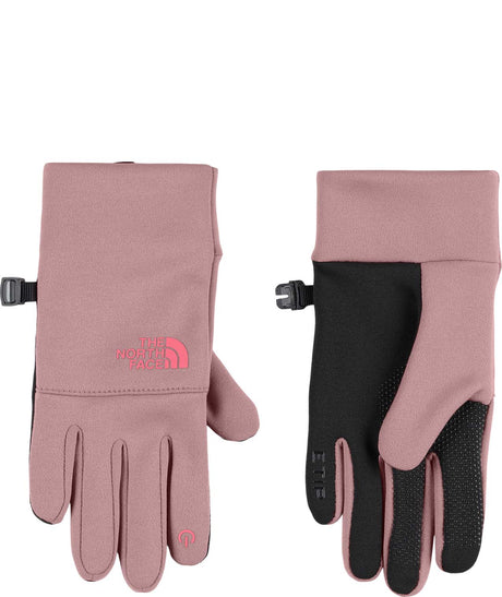 KidsRecycledE-tipGlove-Pair of pink gloves with black accents featuring The North Face logo on a white background.