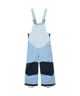 KidsRider2InsulatedBib- Colorblock snow bib overalls in light blue, white, and navy, featuring adjustable shoulder straps and a bib front, shown against a plain white background.