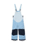 KidsRider2InsulatedBib- Colorblock snow bib overalls in light blue, white, and navy, featuring adjustable shoulder straps and a bib front, shown against a plain white background.