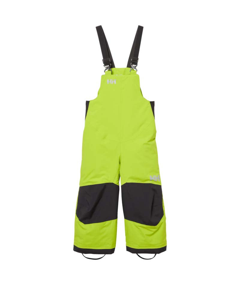 KidsRider2InsulatedBib- Bright lime green snow bib with black suspenders, black knee panels, and small white logo details, shown flat on a white background.