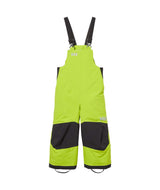 KidsRider2InsulatedBib- Bright lime green snow bib with black suspenders, black knee panels, and small white logo details, shown flat on a white background.