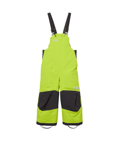KidsRider2InsulatedBib- Bright lime green snow bib with black suspenders, black knee panels, and small white logo details, shown flat on a white background.