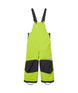KidsRider2InsulatedBib- Bright lime green snow bib with black suspenders, black knee panels, and small white logo details, shown flat on a white background.