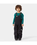 KidsRider2InsulatedBib- A young child wearing black Helly Hansen snow bib overalls over a teal long-sleeve shirt, standing against a light gray studio background.