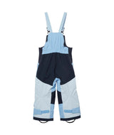 KidsRider2InsulatedBib- Colorblock snow bib overalls in light blue, white, and navy, featuring adjustable shoulder straps and a bib front, shown against a plain white background.