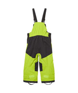 KidsRider2InsulatedBib- Bright lime green snow bib with black suspenders, black knee panels, and small white logo details, shown flat on a white background.