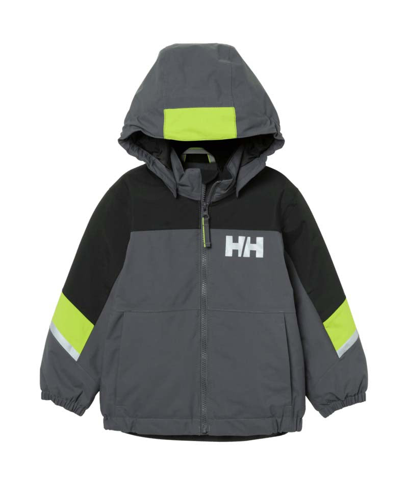 KidsRiderJacket-Children's jacket with gray, black, and green color scheme on a white background