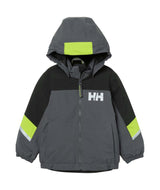 KidsRiderJacket-Children's jacket with gray, black, and green color scheme on a white background