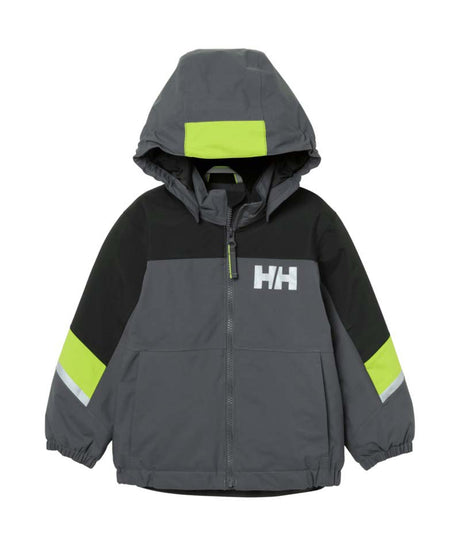 KidsRiderJacket-Children's jacket with gray, black, and green color scheme on a white background