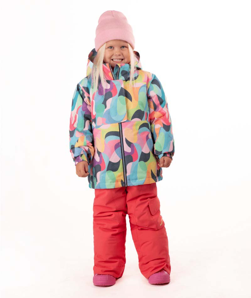 KidsRiverJacket- Child wearing a multicolored jacket on a white background