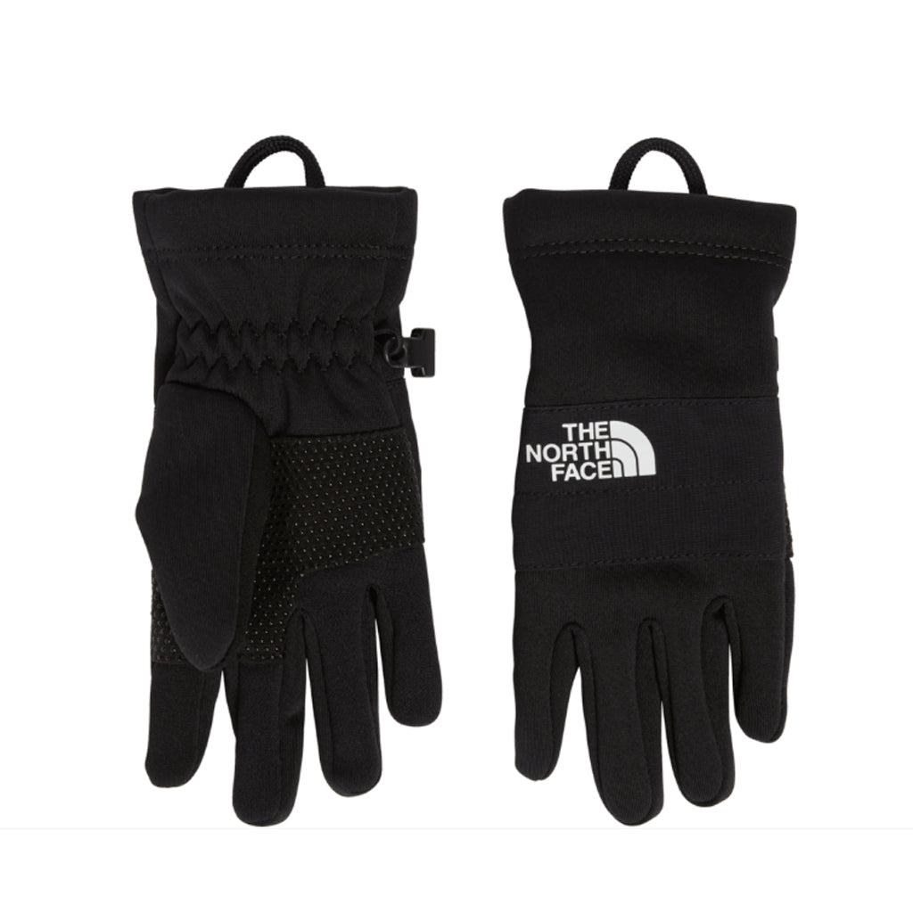 KidsSierraEtip-Black gloves with The North Face logo on a white background