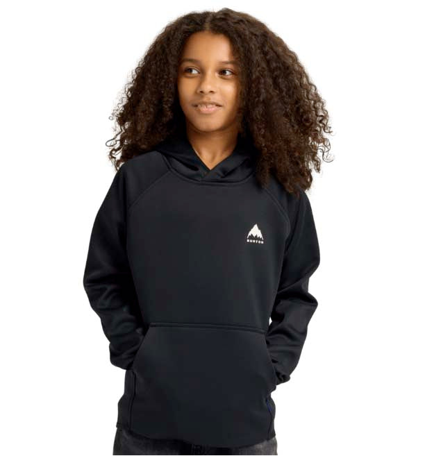 Kids_CrownWeatherproofPulloverFleece-Black hoodie with a logo on a white background