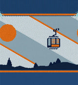 KWintersportFullCushionGondolaGamesOTCSocks-Pixel art-style illustration of a ski lift on a mountain with a sun and blue sky.