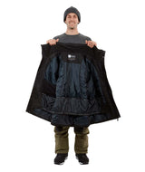 KnoxJacket-A man wearing a black snowboard jacket, black beanie with goggles, and gray gloves, standing against a solid white background.