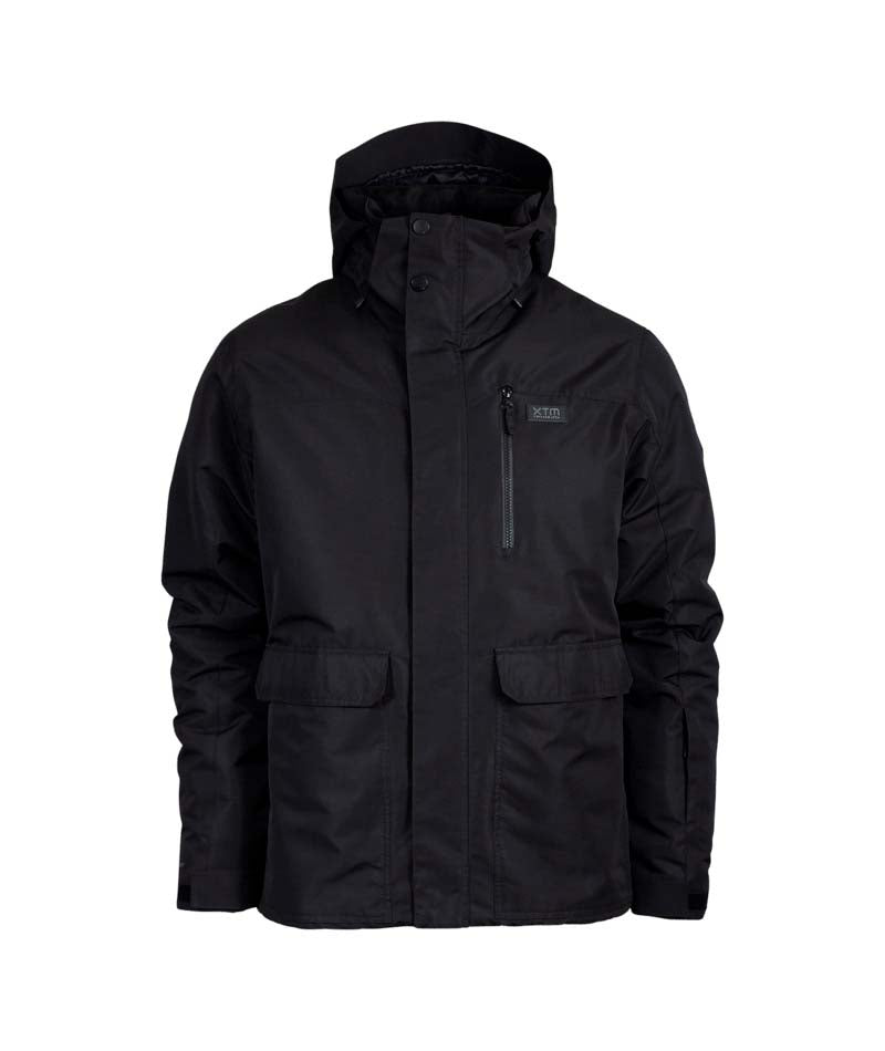 KnoxPlusSizeJacket-A black hooded outdoor jacket with a vertical zippered chest pocket and two large front flap pockets, shown on a plain white background.