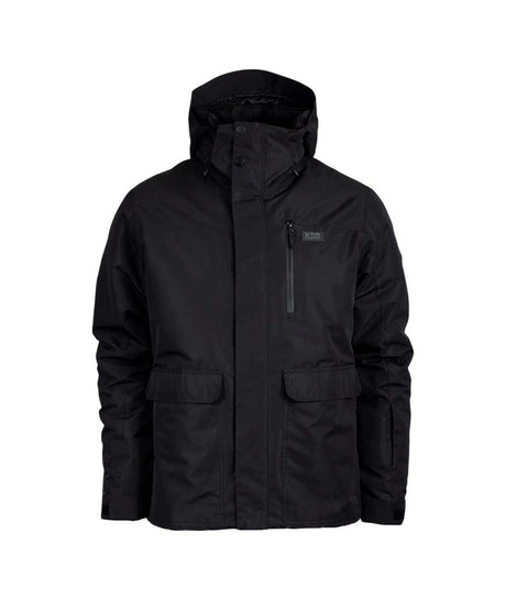 KnoxPlusSizeJacket-A black hooded outdoor jacket with a vertical zippered chest pocket and two large front flap pockets, shown on a plain white background.
