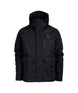KnoxPlusSizeJacket-A black hooded outdoor jacket with a vertical zippered chest pocket and two large front flap pockets, shown on a plain white background.