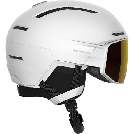 Driver Prime Sigma Photo MIPS Helmet- A white Salomon Driver Prime Sigma Photo MIPS helmet with a black strap and a yellow-tinted visor, designed for adults.