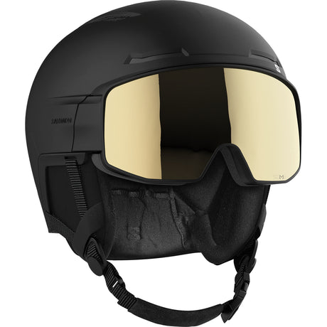 Driver Pro Sigma MIPS Helmet- A black Salomon Driver Pro Sigma MIPS helmet with a gold-tinted visor designed for winter sports.