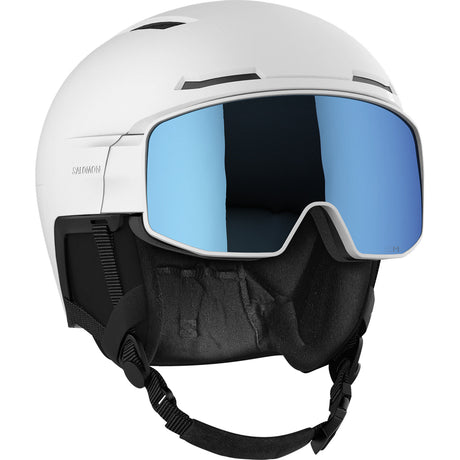 Driver Pro Sigma MIPS Helmet- A white Salomon Driver Pro Sigma MIPS helmet with a blue-tinted visor designed for winter sports.