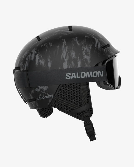 Player Junior Helmet and Goggle Combo- Black helmet and goggles with 'Salomon' branding on a white background