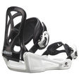 Goodtime-A Salomon Goodtime snowboard binding for kids, featuring a white baseplate with black details and branding, designed for lightweight and easy use.