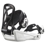 Goodtime-A Salomon Goodtime snowboard binding for kids, featuring a white baseplate with black details and branding, designed for lightweight and easy use.