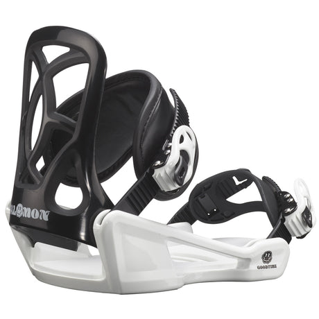 Goodtime-A Salomon Goodtime snowboard binding for kids, featuring a white baseplate with black details and branding, designed for lightweight and easy use.