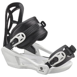 Goodtime-A Salomon Goodtime snowboard binding for kids, featuring a white baseplate with black details and branding, designed for lightweight and easy use.