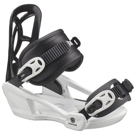 Goodtime-A Salomon Goodtime snowboard binding for kids, featuring a white baseplate with black details and branding, designed for lightweight and easy use.