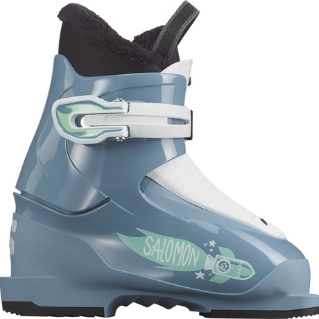 T1- Salomon T1 Junior Ski Boots for kids in blue color with white accents and the Salomon logo visible.