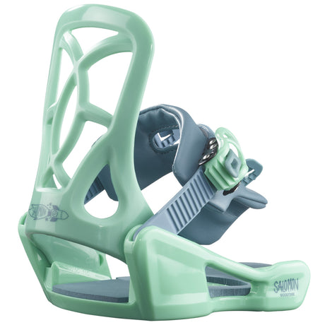 Goodtime- A Salomon Goodtime snowboard binding for kids, featuring a white baseplate with black details and branding, designed for lightweight and easy use.