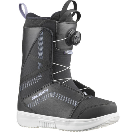 Scarlet-A single Salomon Scarlet Boa snowboard boot for women, featuring a black color scheme, BOA lacing system, and a white sole.