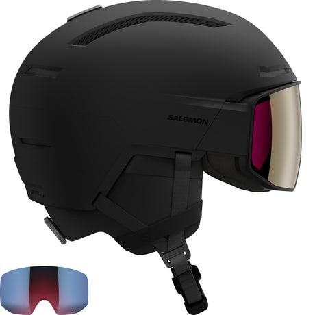 Driver Prime Sigma Plus MIPS Helmet- A black Salomon ski helmet with a visor, featuring a second lens in blue and red colors.