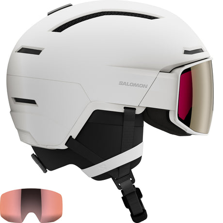 Driver Prime Sigma Plus MIPS Helmet- A white Salomon ski helmet with a visor, featuring a second lens in orange and light red colors.