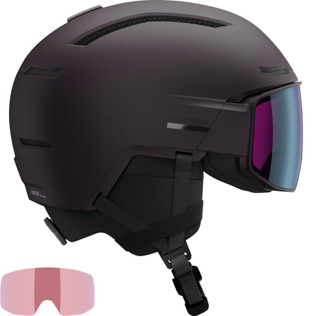 Driver Prime Sigma Plus MIPS Helmet-Black helmet with visor and pink lens on a white background