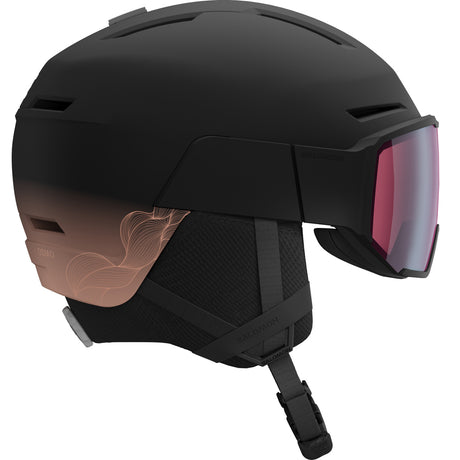 Osmo Sigma- A black Salomon Osmo Sigma Helmet with an attached visor, designed for adults.