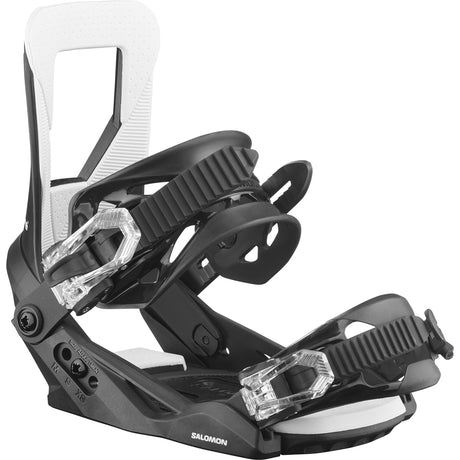 TheFuture-A kids' snowboard binding from Salomon, primarily black in color, with white and gray accents and branding.